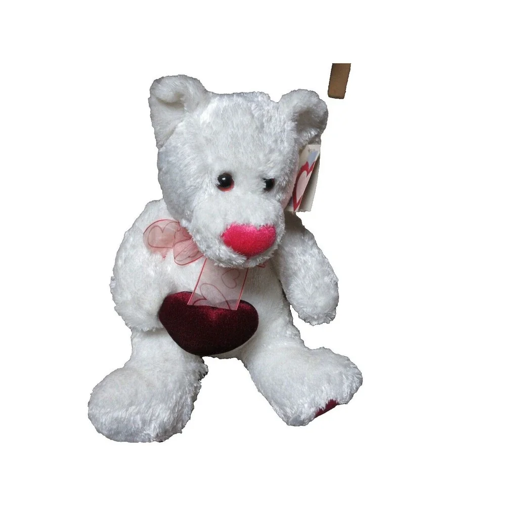 White Teddy Bear Pink Heart Bow Plush Stuffed Animal 10” NWT
